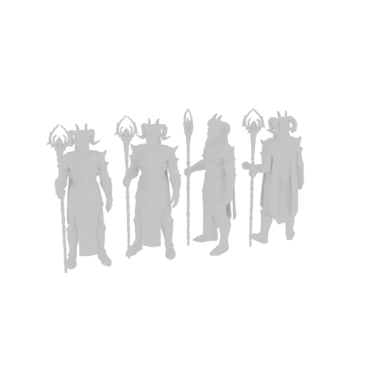 A 3D render of four fantasy warrior figures, each standing and holding a unique staff, presented on a black background.