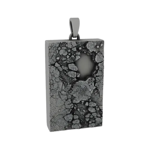 3D render of a rectangular pendant with a detailed cracked stone texture and a central hole, on a white background.