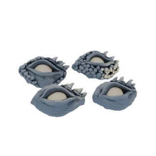 A set of four stylized dragon eye 3D models, each with a textured scaly exterior and a bright white pupil, arranged on a whit