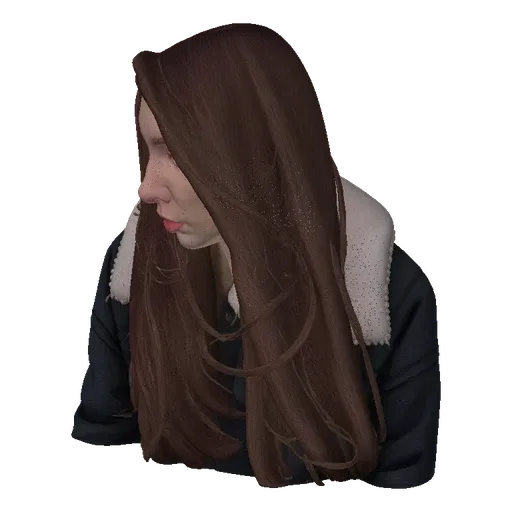 3D model of a young woman with long brown hair, freckles, and a dark jacket with a white collar, looking down.