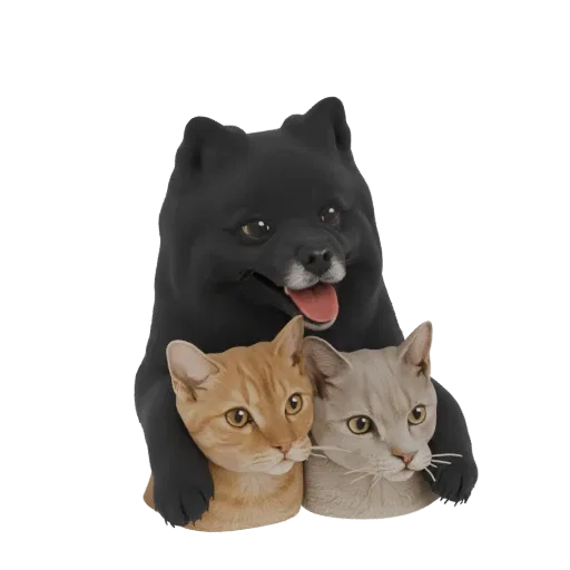 3D model of a black dog hugging a ginger cat and a grey cat, with a black background.