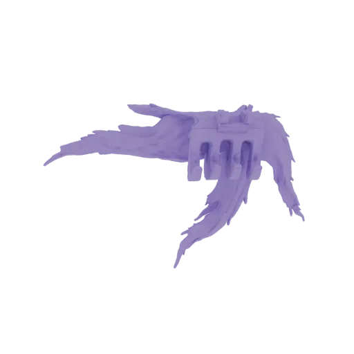 3D model of a purple creature with tattered wings and a detailed mechanical core, viewed from the side.