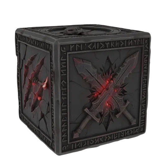 3D model of a dark fantasy cube with glowing red energy, ancient runes, and crossed swords, set against a black background.