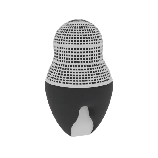 Rendu 3D d'une poupée Matriochka sur le thème dentaire, avec une partie supérieure blanche à motif en grille ressemblant à un