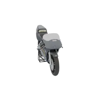 Front view of a grey and white 1980s sportbike motorcycle 3D model, displayed on a stand.