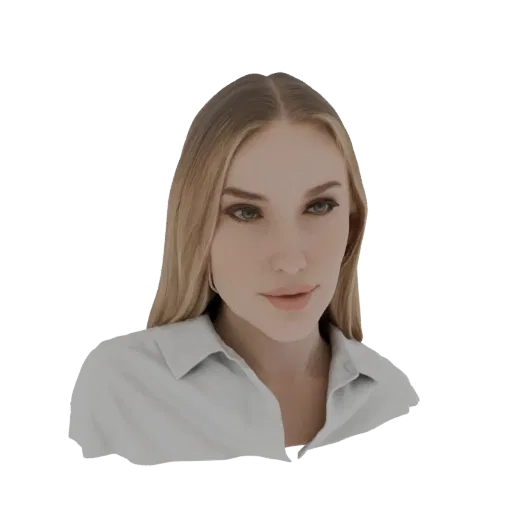 3D-Modell einer eleganten Frau mit blonden Haaren in einem weißen Hemd mit Kragen, die den Betrachter ansieht.