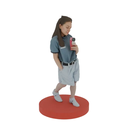 3D model of a young woman in a blue shirt and shorts, holding a water bottle, standing on a red circular base.
