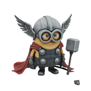 Modello 3D di un personaggio Minion vestito da Thor, con elmo alato e mantello, che tiene il martello Mjolnir.