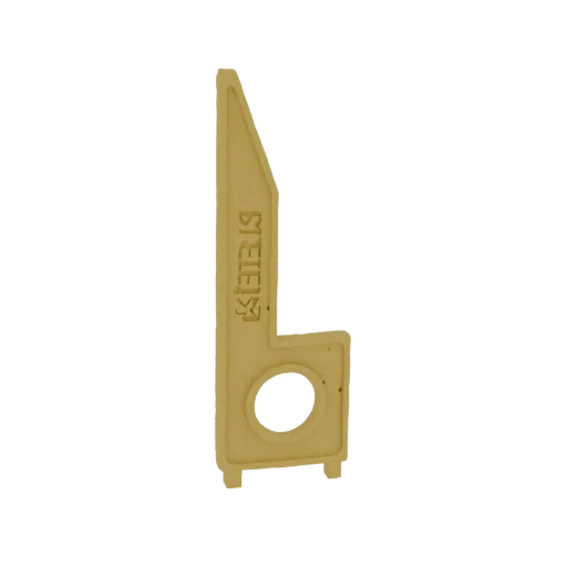 3D model render of a brass L-shaped corner clamp with a circular hole, set against a black background.