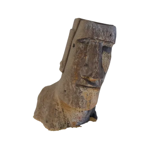 A 3D model render of a weathered Moai statue bust with a rough stone texture, set against a white background.