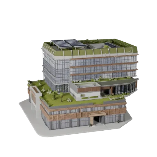 Sustainable Office Building Blender-ready 3D model, Blender studio render view, showing commercial office building materials and architectural detail