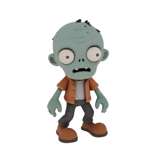 3D-Modell eines Comic-Zombies in orangefarbener Jacke und grauer Hose, stehend auf transparentem Hintergrund.