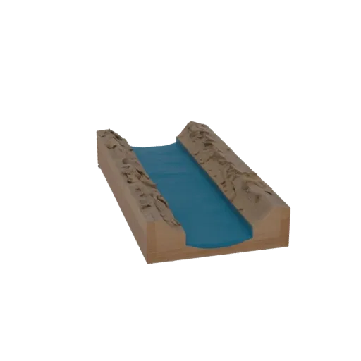 Modelo 3D imprimível de seção de canal, renderização isométrica de mesa STL, mostrando pedra molhada, bordas de água.