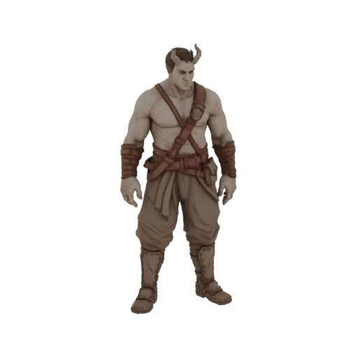 A 3D model of a muscular Tiefling warrior with brown horns, wearing leather straps and rugged clothing, standing in a neutral