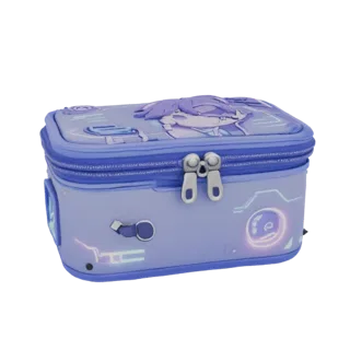 3D model of a futuristic purple tech pouch with anime waifu character design and glowing cyber accents.