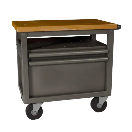Industrial Tool Cart Low Poly 3D model, game viewport three-quarter view, showing steel frames, stable fixtures.