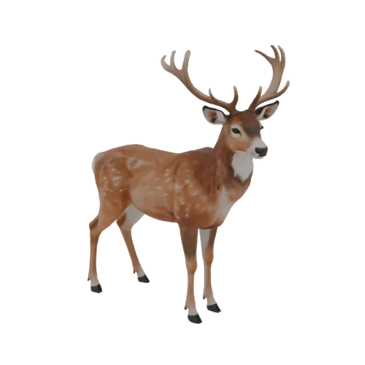 3D model of a deer with large antlers, standing on a black background