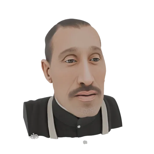 3D model render of a realistic bust of a man with a mustache, wearing a dark jacket and light lapels.