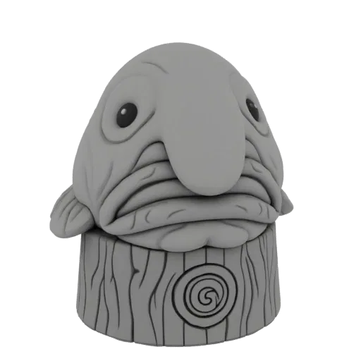 3D render of a grumpy blobfish creature with large eyes and wrinkled skin, sitting on a wooden base with a spiral carving.