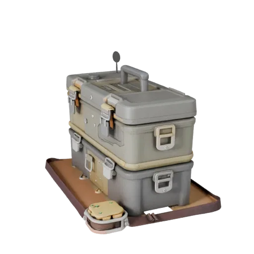 Modulares 3D-Modell Werkzeugkasten, isometrische Ansicht des modularen Kits, zeigt Kunststoff, nutzbare Öffnungen.