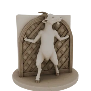 3D-Modell einer weißen Ziege, die auf ihren Hinterbeinen steht, die Arme gegen einen Gitterbogen aus Holz gedrückt, auf einem