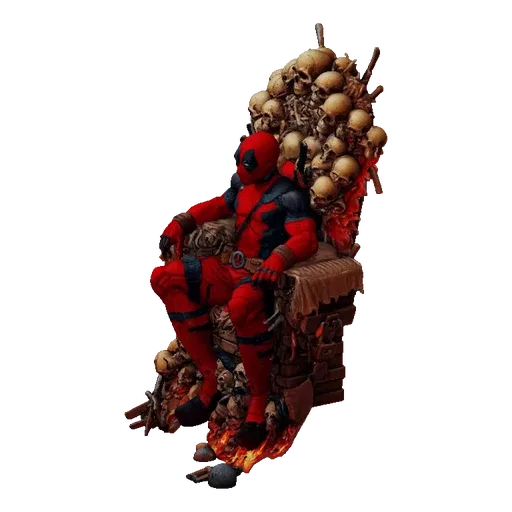 3D model of Deadpool sitting on a throne made of skulls, with flames at the base.