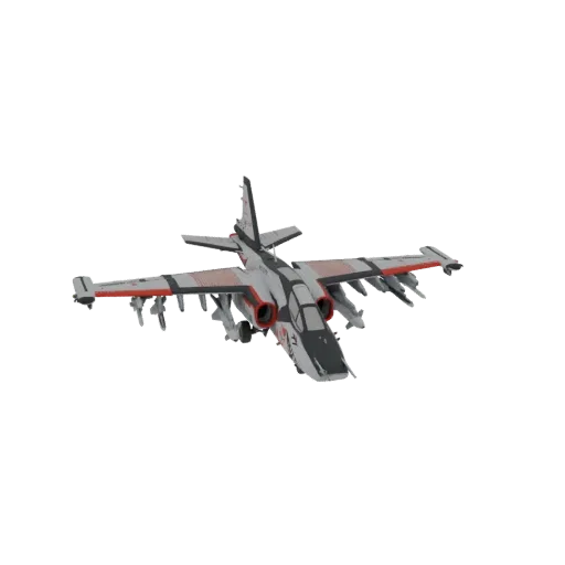 3D model of a modern attack jet with grey, black, and red paint scheme, armed with missiles, viewed from a front-three-quarte