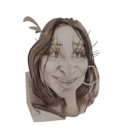 3D model of a caricature bust with exaggerated eyes, long eyelashes, and a wide smile, rendered in a sepia tone.