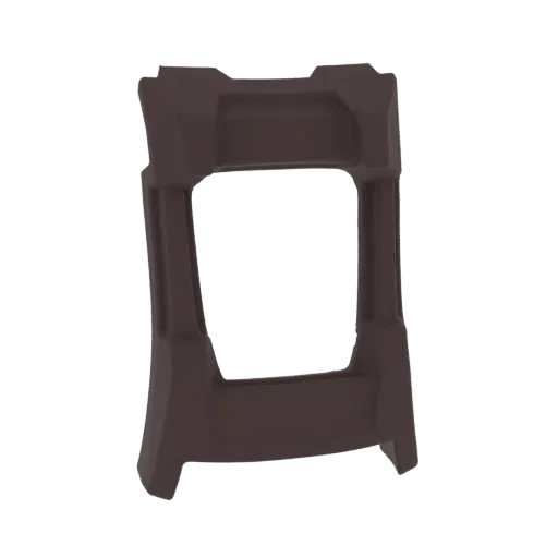 A dark brown, futuristic archway frame with angular, geometric details, presented on a black background.