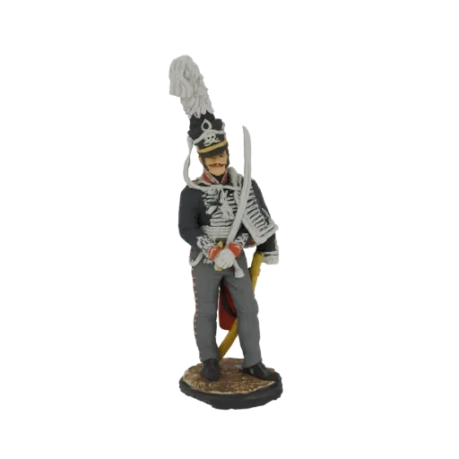 3D model of a 19th-century Hussar soldier in uniform, holding a saber, standing on a textured base.