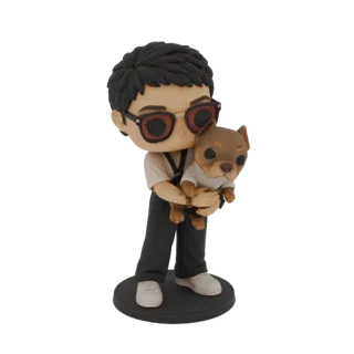 3D-Modell einer Chibi-Figur mit dunklem Haar und roter Brille, die einen kleinen Chihuahua-Hund hält und auf einem schwarzen