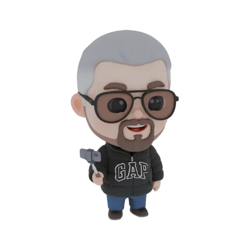 3D model of a chibi character with gray hair, glasses, beard, wearing a GAP puffer jacket and holding a selfie stick.