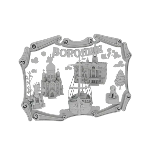 3D model of the Borogher cityscape, featuring a church, a ship, a building, and small figures within a decorative frame.