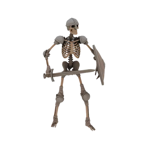3D model of a skeleton warrior in full armor, holding a sword and shield, against a black background.