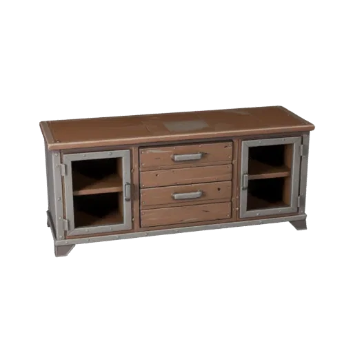Industrial Sideboard Stylized 3D model, dining room, stylized isometric render, painted wood detail.