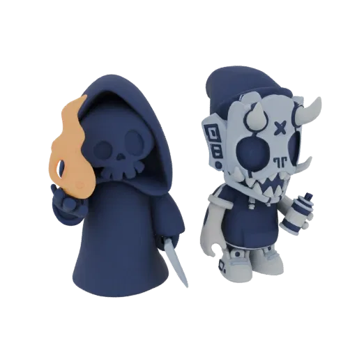 3D model of a Grim Reaper holding a flame and a goblin with a skull mask, both in dark blue and white.