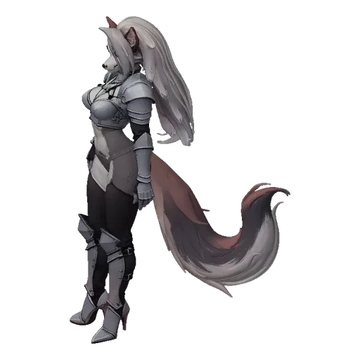3D model of a furry knightess with white hair and a long tail, wearing detailed silver armor, viewed from the side.