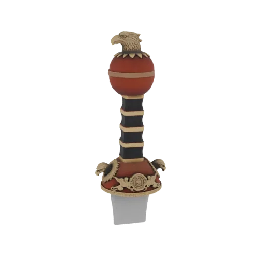 3D model of a sword hilt with a detailed eagle head pommel, ornate golden guard, and a black and gold segmented shaft.