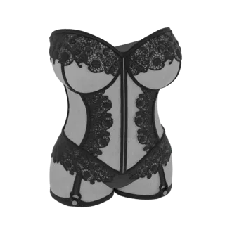 Modello 3D corsetto pizzo nero con giarrettiere, dettagli floreali e bustier strutturato.