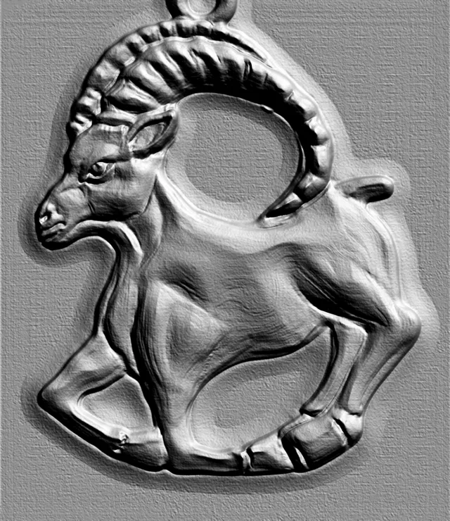 3D model of a mountain goat bas-relief in profile, with curved horns and tense muscles