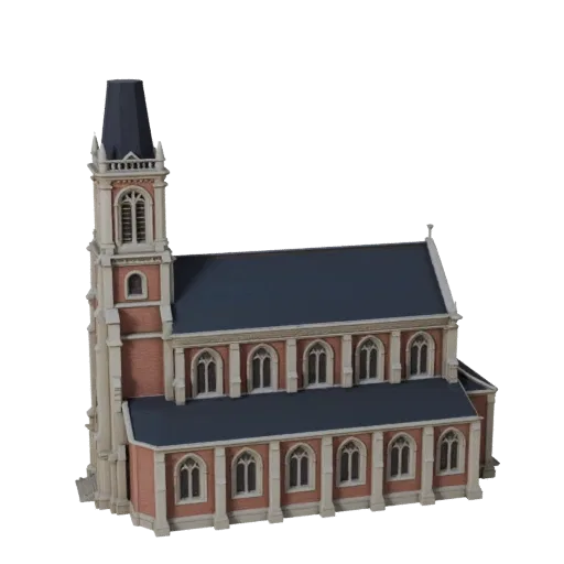 Church printable STL 3D model, isometric display view, showing public building materials and architectural detail