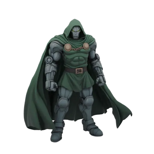 Modello 3D dell'iconica armatura verde e grigia di Doctor Doom, completa di mantello con cappuccio e maschera minacciosa, in