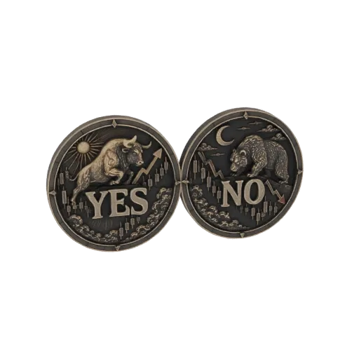 3D model of two metallic coins, one with a bull and upward charts (YES), the other with a bear and downward charts (NO).