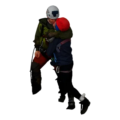 3D model of two climbers, one in a green jacket assisting another climber.