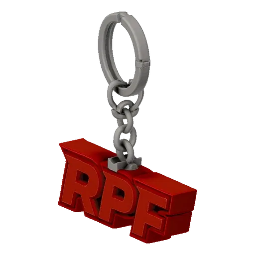 3D model of a red RPF keychain with 3D text, hanging on a metal ring