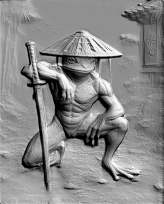 3D bas-relief of a frog samurai with a katana, in a traditional pose, wearing a Japanese hat, against a background of bamboo
