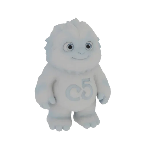 Uma renderização 3D de um mascote yeti branco, fofo e adorável, com olhos azuis e um emblema 'C5' no peito, em pé sobre um fu