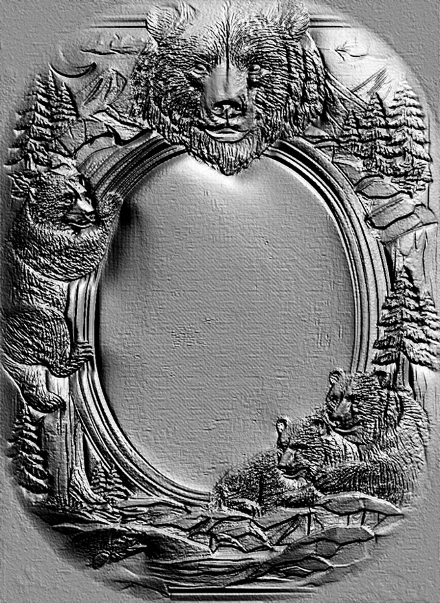 3D bas-relief model showing a bear head at the top, a cub on the left, and a bear on the right against a backdrop of mountain