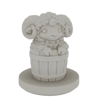 Un rendu 3D d'un mouton bélier blanc mignon avec de grandes cornes bouclées regardant par-dessus le bord d'un tonneau en bois