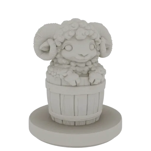 A 3D render of a cute, white ram sheep with large curled horns peeking over the edge of a wooden barrel, presented on a circu